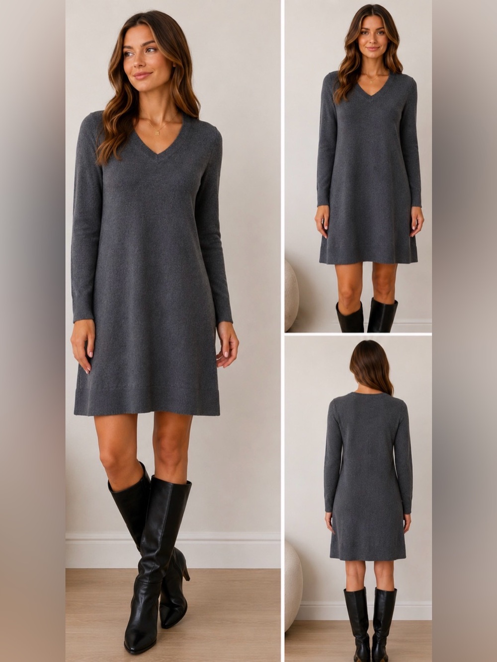 LOFT Petites Gray V-Neck Long Sleeve Nylon Blend Knit Sweater Dress Size 2P